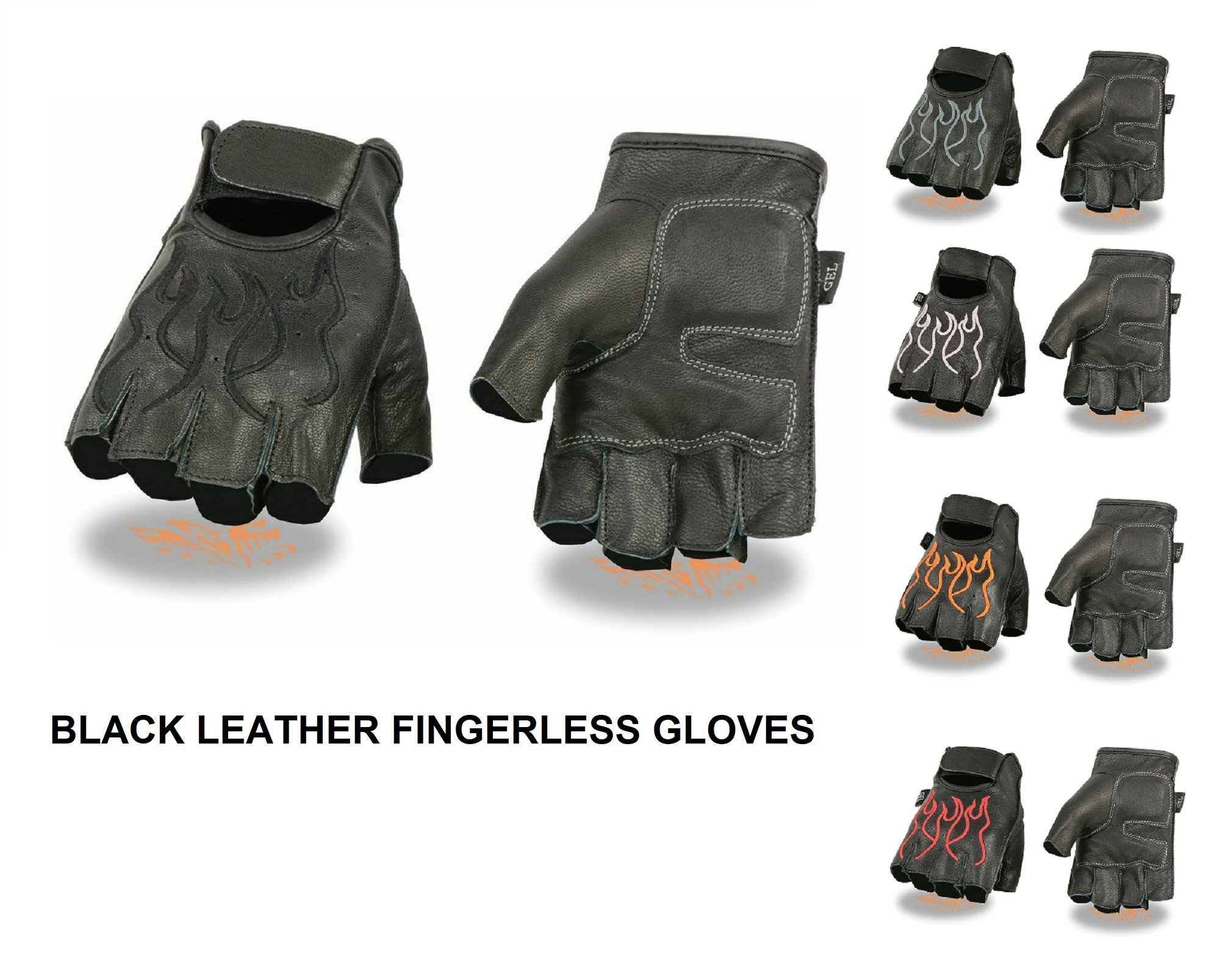 Black Leather FINGERLESS Gloves FLAMES Gel Palm Motorcycle Biker