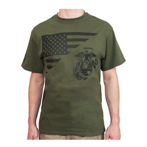 US Marine Corps Flag and EG&A T-Shirt USMC Eagle Globe and Anchor Vietnam Oef Oif Gulf War Officially Licensed Olive Green