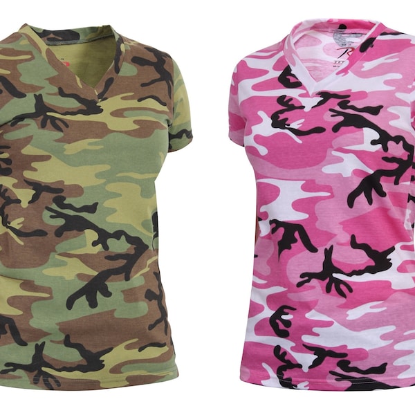 Pink or Woodland Camo Ladies V-Neck T-Shirt Breast Cancer Awareness Army Navy USAF USCG Longer Length