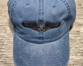 US Submarine Veteran Ball Cap Enlisted PEWTER Dolphins Only ( Silver ) Navy Sub Vet Low Profile Soft Pigment Dyed Hat BLUE