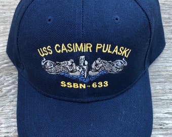 USS Casimir Pulaski SSBN-633 Ball Cap Embroidered Submarine Silver Dolphins FBM Sub Force Navy Service Veteran Hat