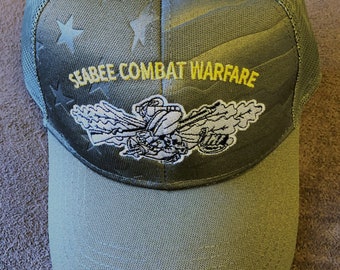 US Navy Seabee Combat Warfare Trucker Style Mesh Ball Cap Stars & Stripes Background Construction Battalion CB Veteran SCW Olive Green Hat