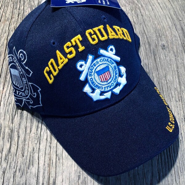 US Coast Guard Ball Cap USCG Veteran Side Shadow Embroidery Blue Vet Hat Gold Lettering