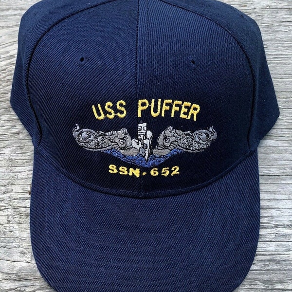 USS Puffer SSN-652 Ball Cap Embroidered Submarine Silver Dolphins Enlisted Sub Veteran Navy Hat