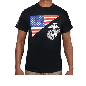 US Marine Corps Flag and EG&A T-Shirt USMC Eagle Globe and Anchor Vietnam Oef Oif Gulf War Officially Licensed Black