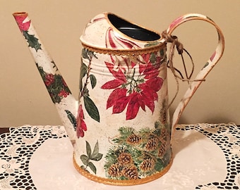 Metal Watering Can, Vintage, Hand Painted Can, Garden Decor, Garden Can, Holiday Gift, Xmas Gift - POINSETTIA