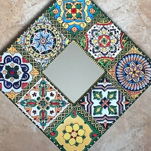 Handcrafted Mexican Motif Mirror: Green Mosaic Wall Decor, 10x10 in