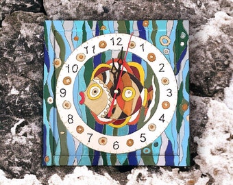 Square Handmade Wall Clock, Wall Decor, Kitchen Wall Clock, Wooden Hand Painted Clock, Cute Wood Table Clock - LUCKY FISH, 8.75" x 8.75"