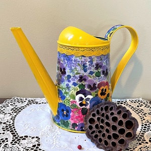 Hand Painted Metal Watering Can: Garden Decor and Vase - PANSIES, 88 oz