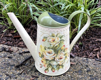 Metal Hand Painted Watering Can, Garden Decor, Watering Garden Tools, Porch Decor, Metal Vase, Indoor Water Can, Vase - CREAM ROSES, 88 oz