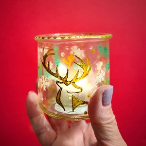 Small Hand Painted Christmas Candle Holder: Glass Xmas Deer Tealight