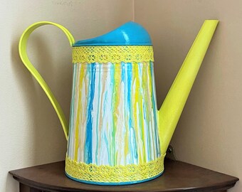 Hand Painted Metal Watering Can, Metal Water Can, Flower Vase, Outdoor Watering Can, Indoor Water Can - TURQUOISE YELLOW Fluid Art, 88 oz