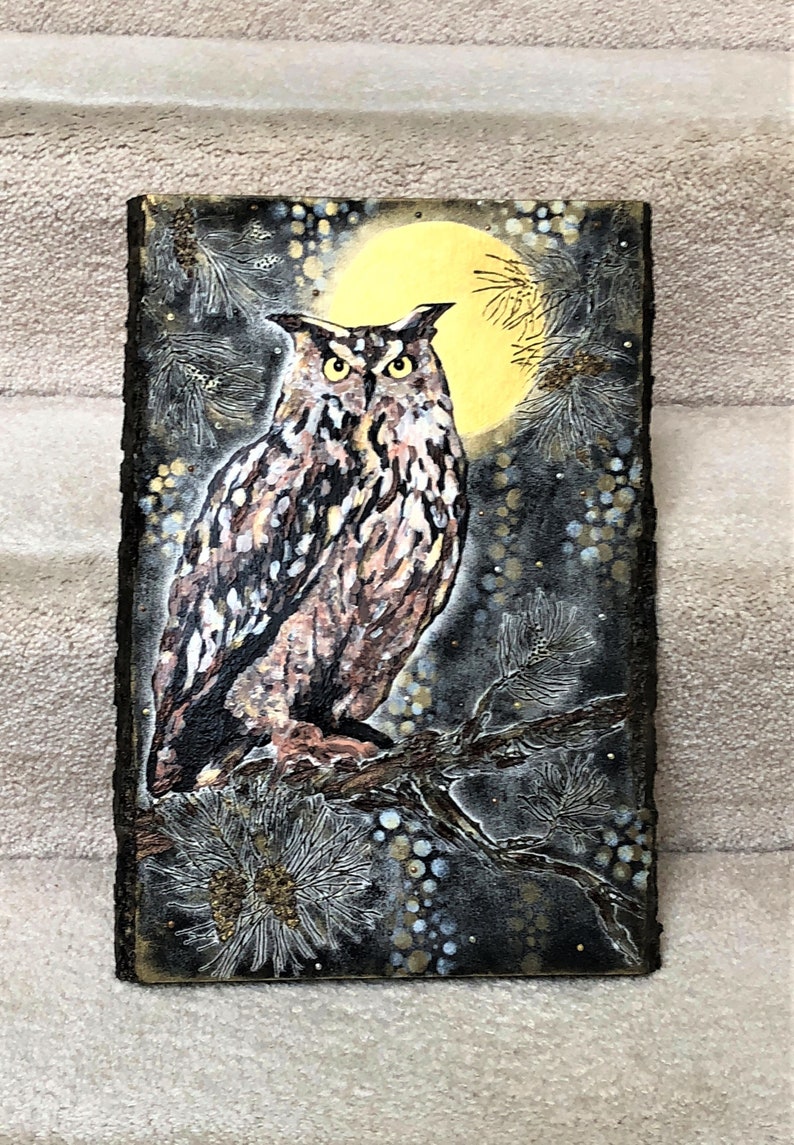 EAGLE-OWL Mixed Media Abstract Acrylic Original Painting Wooden Wall Panel 11.5x16
