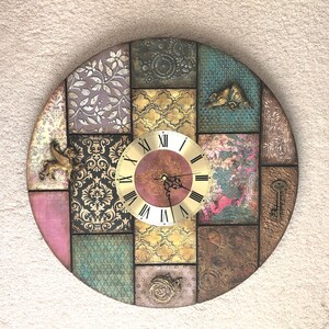 Large Wooden Wall Clock: Handmade Decoupage Vintage Decor, Diameter 19.7&quot;