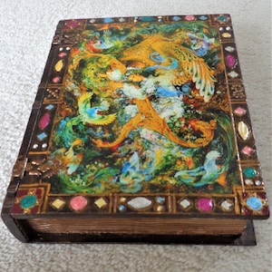 Hand Painted Wood Memory Box: Persian Book Jewelry Box, 7.5”x10”x2”