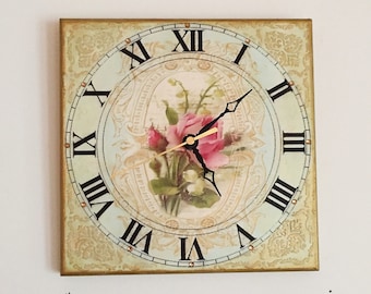 Square Wooden Wall Clock, Wood Clock 10x10 in, Wood Clock, Square Wall Clock, Wall Decor, Kitchen Wall Clock, Table Clock - VINTAGE ROSE