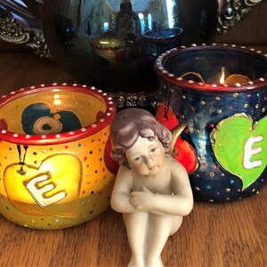 Small Hand Painted Glass Tealight Holders - LOVE - Enamel Painted Candleholders (Set of 2)
