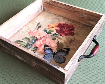 Wooden Serving Tray with Handles, Handcrafted Wooden Tray, Vintage Kitchen Tray,  Shabby Chick Tray, Wood Tray - DOG-ROSES & BUTTERFLIES 2