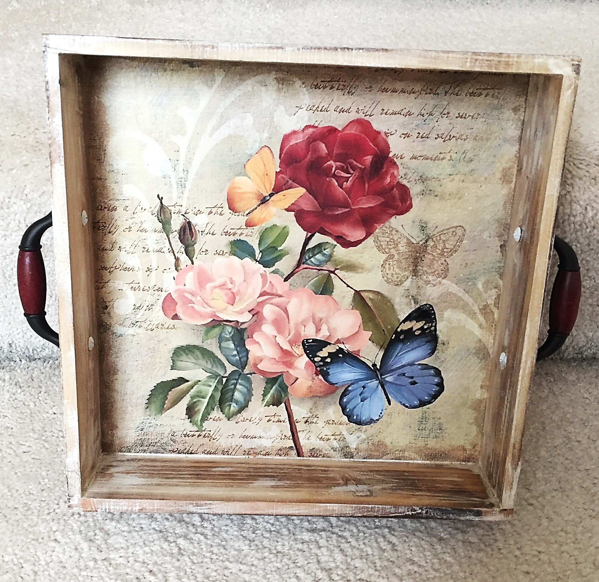 Wooden Serving Tray With Handles, Handcrafted Wooden Tray, Vintage Kitchen  Tray, Shabby Chick Tray, Wood Tray DOG-ROSES & BUTTERFLIES 2 