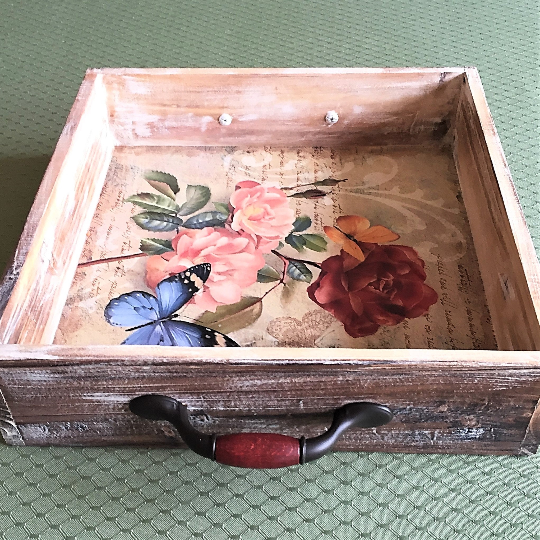 Wooden Serving Tray With Handles, Handcrafted Wooden Tray, Vintage Kitchen  Tray, Shabby Chick Tray, Wood Tray DOG-ROSES & BUTTERFLIES 2 