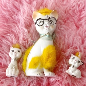 Vintage Yellow fur Anthropomorphic Cat Mama & Kittens on Chains