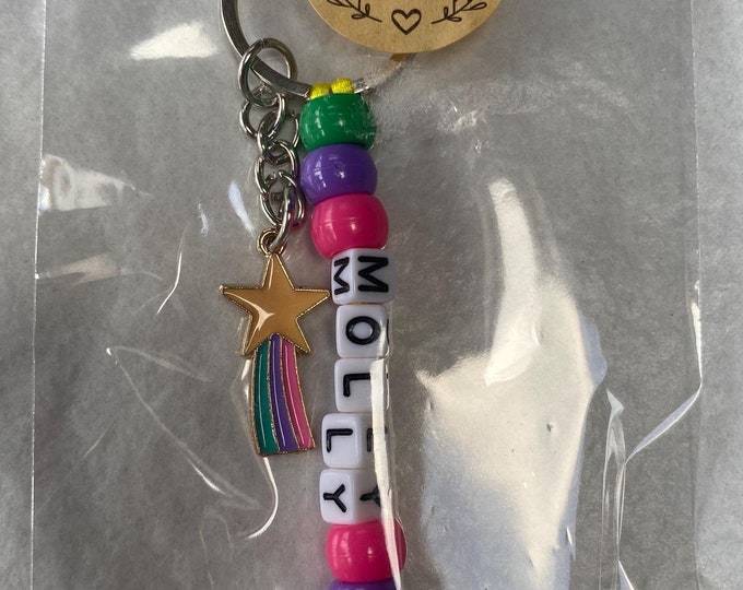 Personalised bead keyring, Any Name Shooting Star Enammel Charm Keychain gift, girl party bags, teacher incentive, Birthday party favours