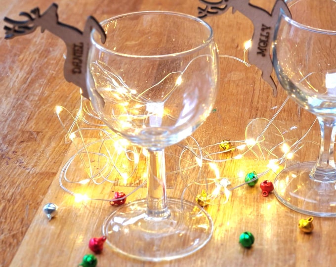 Christmas Personalised Reindeer Glass Decorations, Christmas Drink Tags, Christmas Place Cards, Christmas Table Favours, Name Place Settings