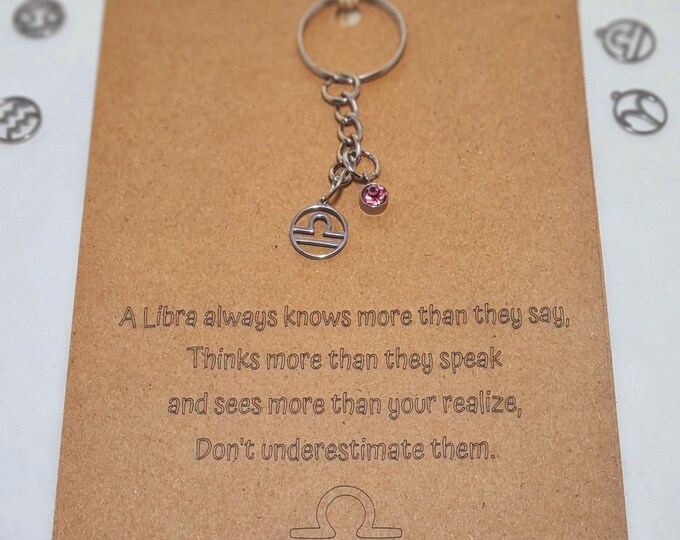 Zodiac Keyring - Starsign Keyring - Birthstone Personalised Horoscope Keyring Card - New Beginnings - Any Starsign Quote Or Phrase.