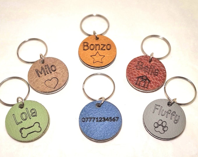 Custom Pet ID Tags, Dog, Cat Name Tag Disc, Personalised Modern Pet Identification Tag Leather on Metal Pet Unique Tag