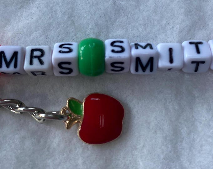 Personalised bead keyring, Any Name Enammel Red Apple Charm Keychain gift, girl party bags, teacher incentive, Birthday party favours