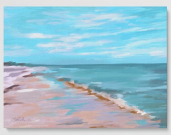 A Peaceful Walk-Stretched Canvas Art Print-Oil Painting-Landscape-Floating Frame-Giclee-Beach-Coastal-Aqua-White-Pink-Ocean-Impressionist