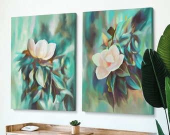Morning Magnolia Stretched Canvas Art Print Set, Oil Painting