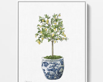 Lemon Tree Topiary, Chinoiserie Stretched Canvas Art Print