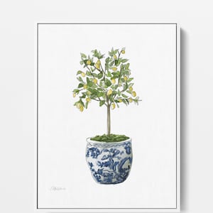 Lemon Tree Topiary-Stretched Canvas Art Print-Painting-Chinoiserie-China-Floating Frame or Unframed-Giclee-Botanical-Blue-Yellow-Green-White