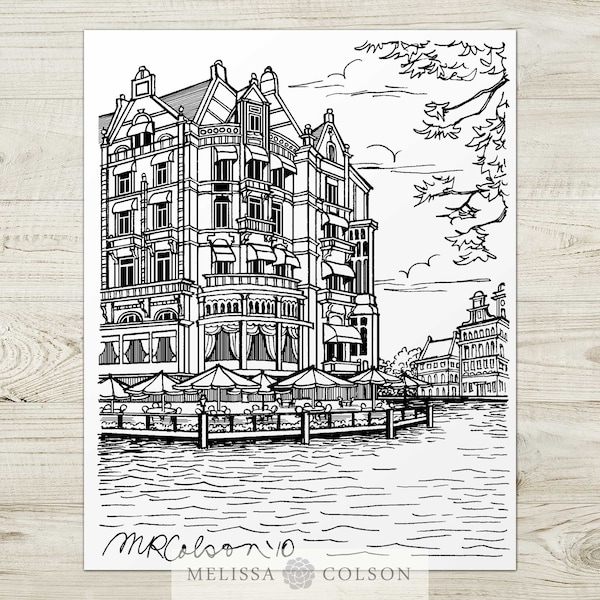 Hôtel de l'Europe, Amsterdam, Giclée Pen and Ink Print, 8x10, 11x14, 16x20, Architectural, Européen, Home Decor, Historique, Waterfront, Art