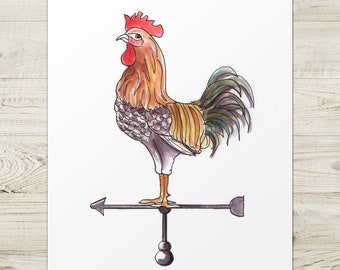 Rooster Weathervane Watercolor Giclée  Print, Illustration, Country French, French Provincial, Farm, 8x10, 11x14, 13x19, Watercolor Painting