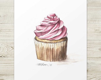 Cupcake Watercolor Giclée Print, Cupcake Art, 8x10, 11x14, 16x20, Vanilla Cupcake with Pink Icing, Kitchen Art, Cafe Art, Bakery Art, Decor