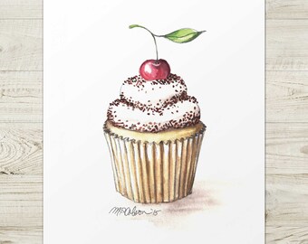Vanilla Cupcake Watercolor Art Print, Kitchen Cafe Decor