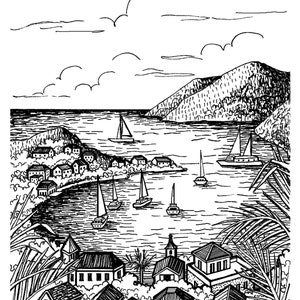May include: A black and white ink drawing of a coastal town with sailboats in the harbor. The town is nestled in a cove with hills in the background. The drawing is signed "M.R. Olson".