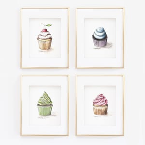 Set of 4 Cupcake Watercolor Giclée Prints, Cupcake Art, 8x10, 11x14, 16x20, Kitchen Art, Cafe Art, Bakery Art, Food Art, Home Decor, French