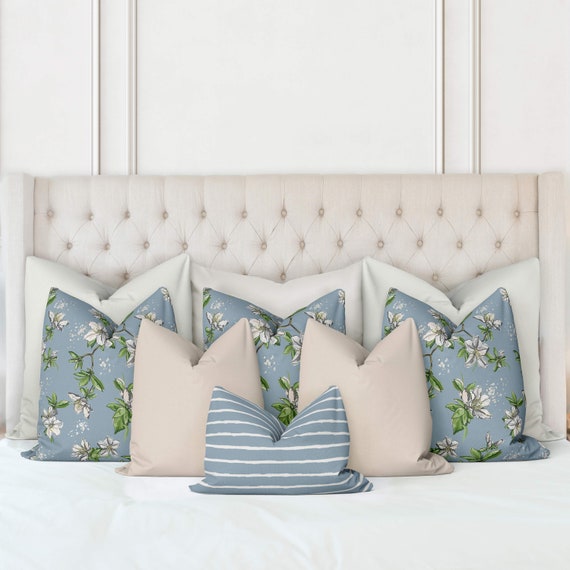 Julia King Bed Pillow Cover Set in Wistful Blue-green-gray-white -floral-stripe-luxury-accent Pillows-coordinating-designer Throw Pillows 