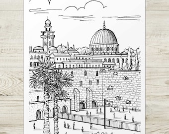 Jerusalem Western Wall Art Print, Pen and Ink Giclée, Israel