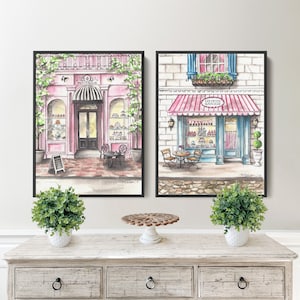 French Bakeries-Stretched Canvas Art Print Set-Oil Painting-Floating Frame or Unframed-Giclee-Architectural-Green-Pink-Blue-Patisserie-Paris