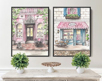 French Bakeries-Stretched Canvas Art Print Set-Oil Painting-Floating Frame or Unframed-Giclee-Architectural-Green-Pink-Blue-Patisserie-Paris