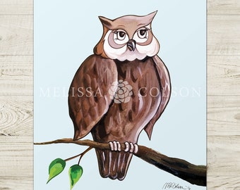 Olivia the Owl Giclée Art Print, 8x10, 11x14, 16x20, Woodland Theme, Forest, Kids, Animal, Children's Art, Decor, Owl, Branch, Character