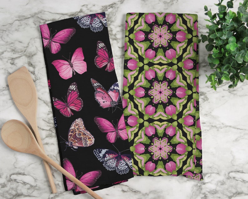 Butterfly Tea Towel-Blush-Kitchen Towel-Guest Towel-Watercolor-Tea Towel Set-Butterfly-Cotton-Pink-Green-Elegant-Black-Vintage-Bugs-Insects