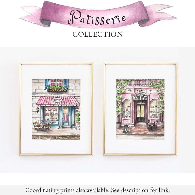 May include: Two watercolor paintings of pink storefront buildings with gold frames. The first painting shows a storefront with a red and white awning and the text "Les Petits Gourmands" above the door. The second painting shows a storefront with a black awning and a sign that says "Patisserie".