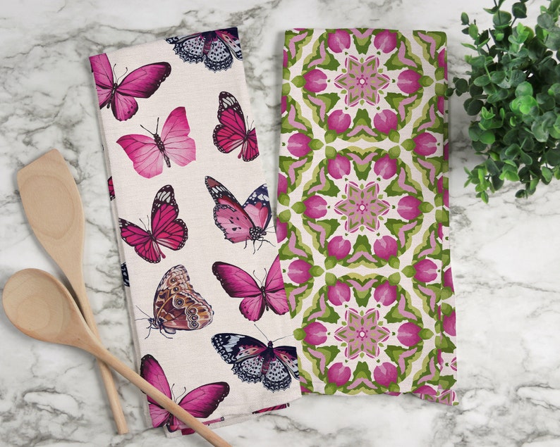 Butterfly Tea Towel-Blush-Kitchen Towel-Guest Towel-Watercolor-Tea Towel Set-Butterfly-Cotton-Pink-Green-Elegant-Black-Vintage-Bugs-Insects
