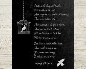 Emily Dickinson Poem Print, Hope is the Thing with Feathers, Chalkboard Giclée
