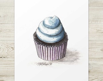 Cupcake Watercolor Giclée Print, Cupcake Art, 8x10, 11x14, 16x20, Chocolate Cupcake with Blue Icing, Kitchen Art, Cafe Art, Bakery, Decor